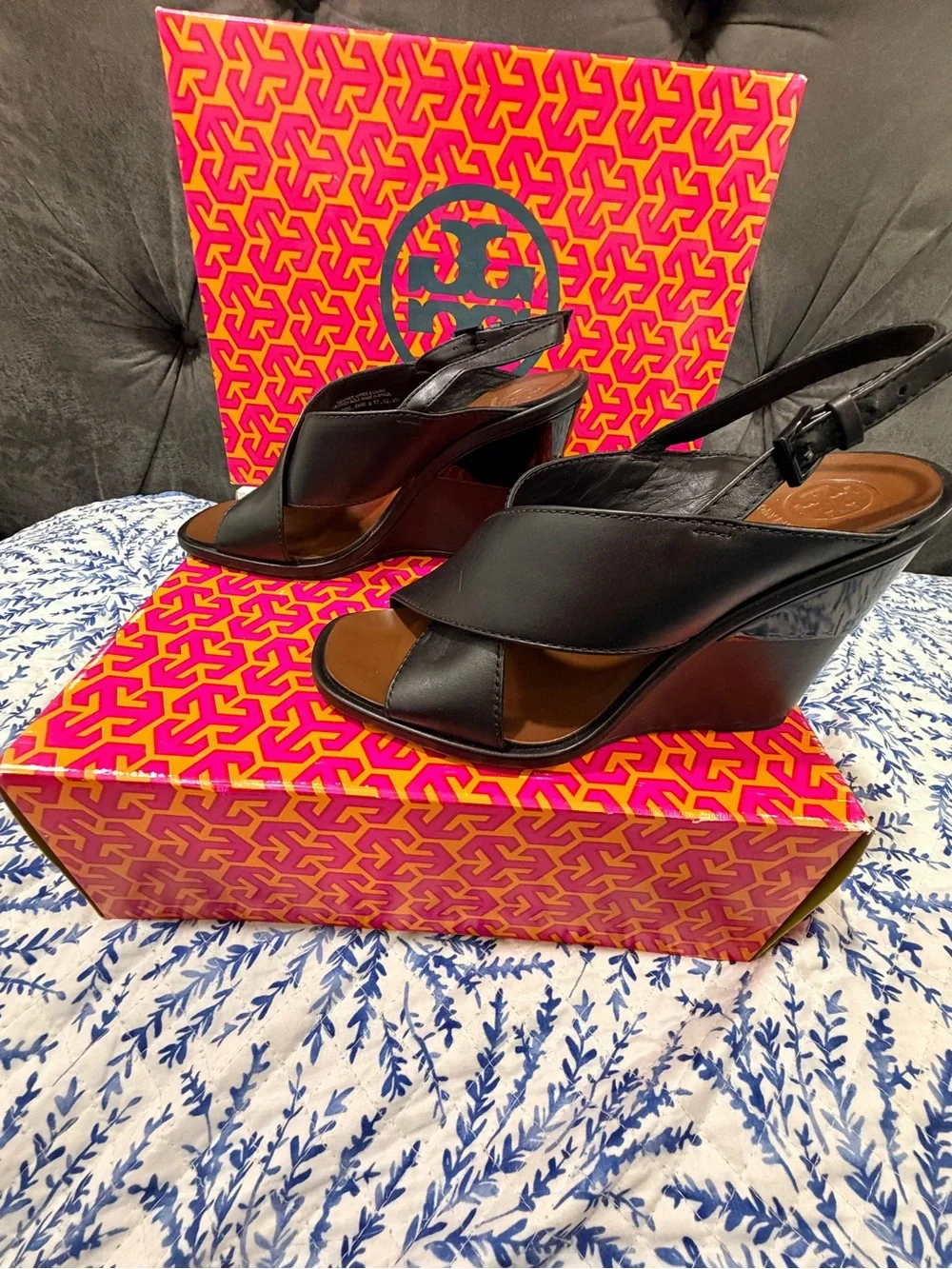 Tory Burch Black Leather Slingback Wedge Sandals